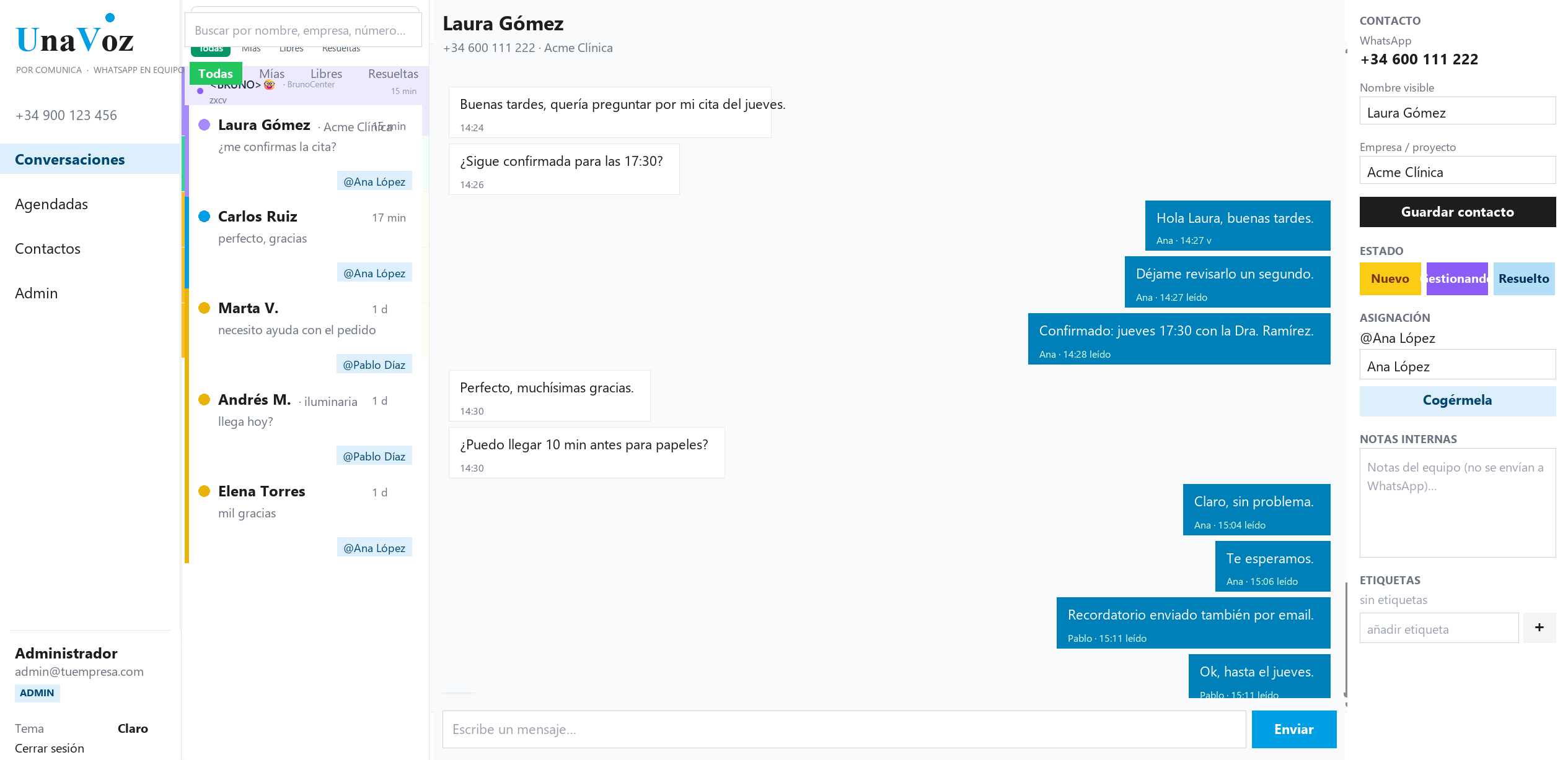 Panel de conversaciones de UnaVoz